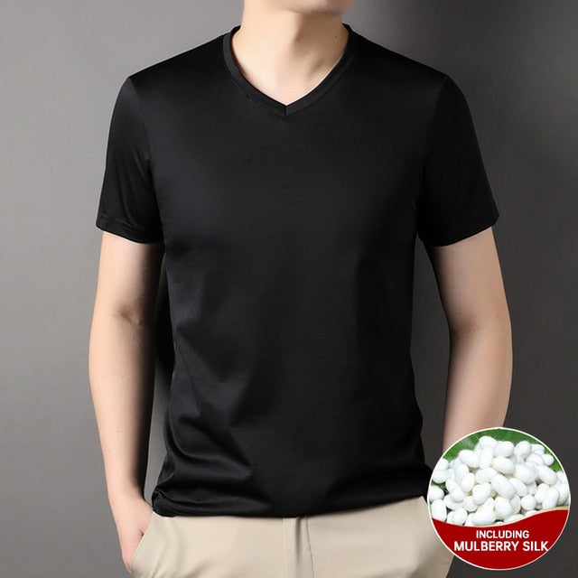Mulberry Silk Solid V-Neck Smooth T-Shirt