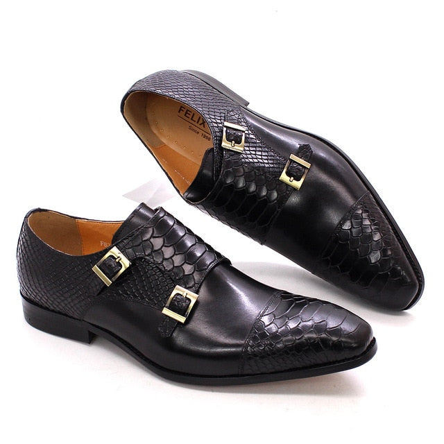 Snakeskin Patterned Leather Monk Shoes