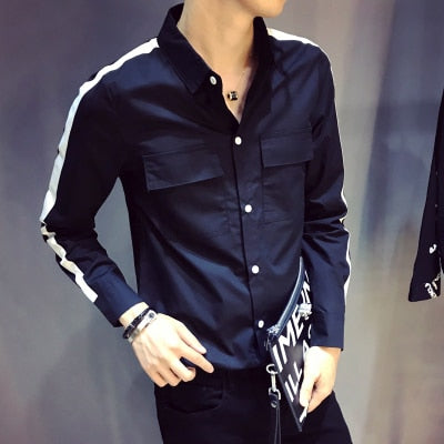 Cotton Double Pocket Stripe Sleeves Men Slim Shirt - FanFreakz