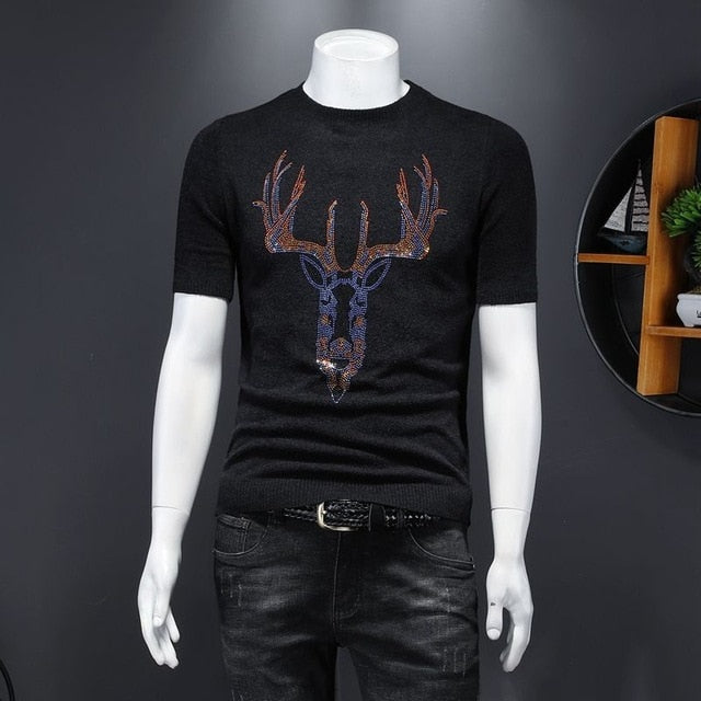 Deer Head Rhinestone Short-Sleeved T-Shirt