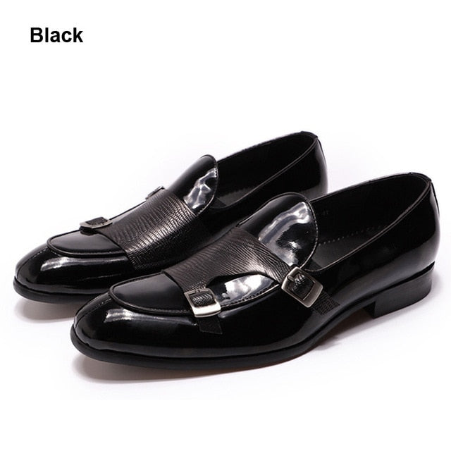 Patent Leather with Textured Monk Strap Design Men Loafers Shoes