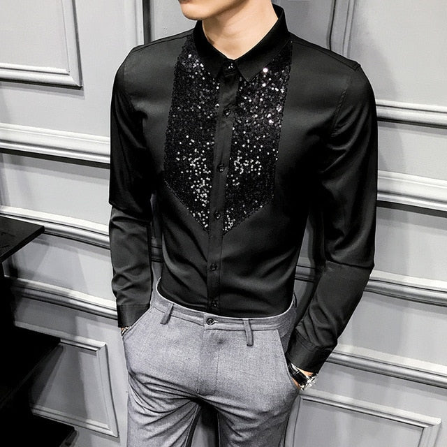 Chic Men Shirt Fashion Front Sequins Tuxedo Long Sleeve