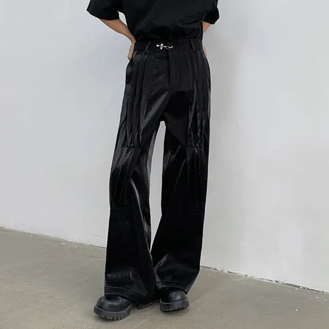 Black Pleated Metal Buckle Design Trousers