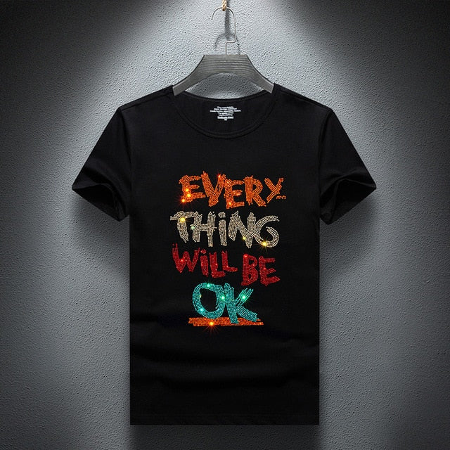 Colorful Rhinestone Letter Decorated O-Neck T-Shirt