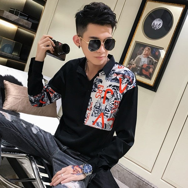 Casual Leopard Letter Patchwork Print Men Long Sleeve Shirt