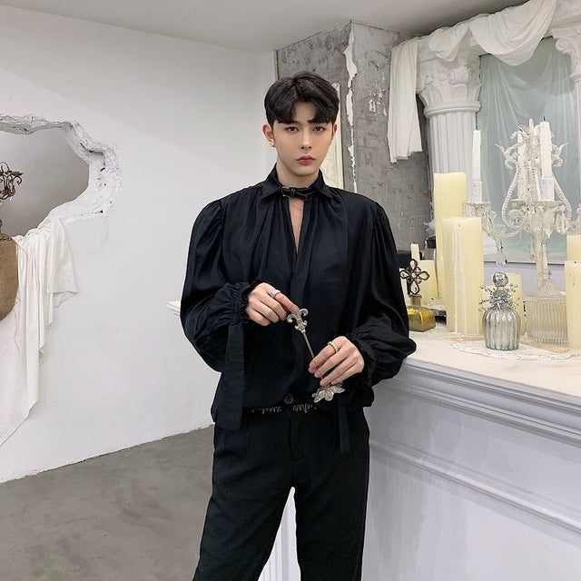 Vintage Retro V Neck with Long Sleeve Loose Style Men Shirt