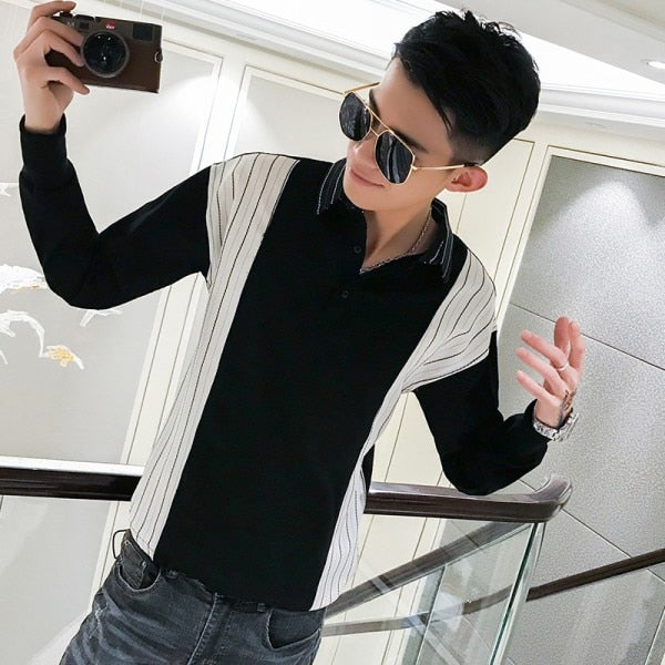 Patchwork Color Stripe Solid Casual Men Long Sleeves Pullover Shirt