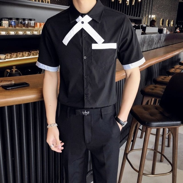 Simple Crossed Tie Contrast Color Shirt