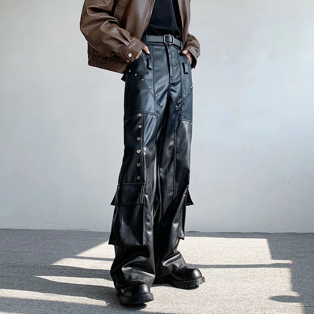 Black Solid Rivet Leather Pants