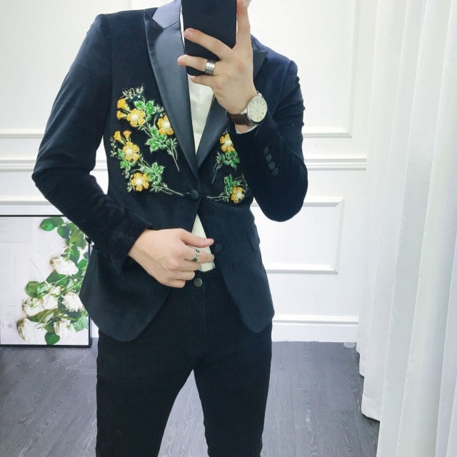 Yellow Flower Patch Embroidery Detail Men Blazer