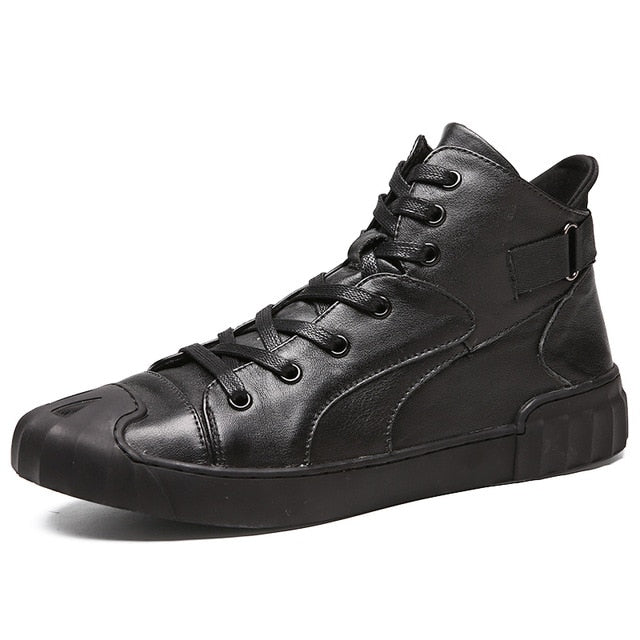Black Solid Casual Leather Lace Up High Top Style Men Sneaker