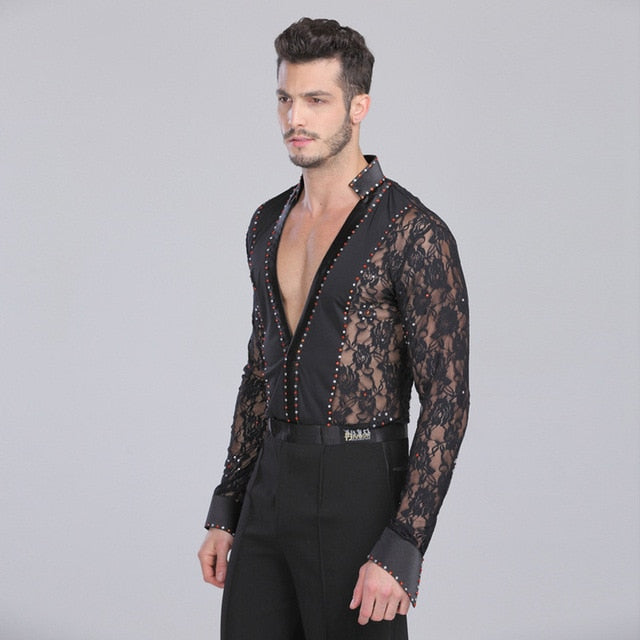 Deep V Lace Long Sleeve Latin Salsa Style Men Shirts