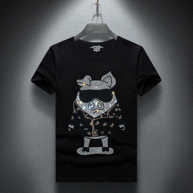 Gangster Pig Rhinestones Decorated T-Shirt