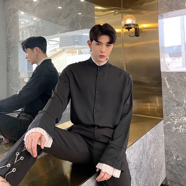 Gothic Black and White with Ruffle Lining Detail Men Shirts