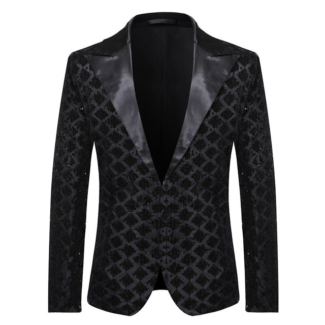 Plaid Pattern Sequins Groom Tuxedo Style Men Blazer
