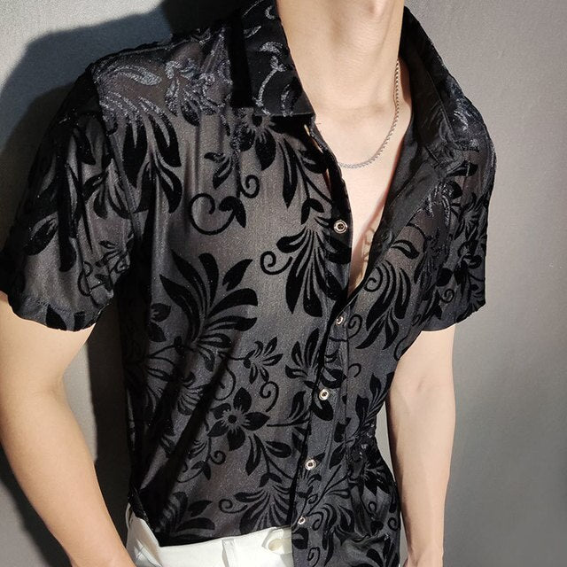 Transparent Flowers Pattern Velvet Shirt