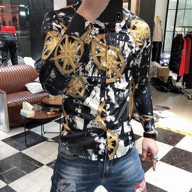 Wind Direction Printed Pattern Long Sleeve Shirt