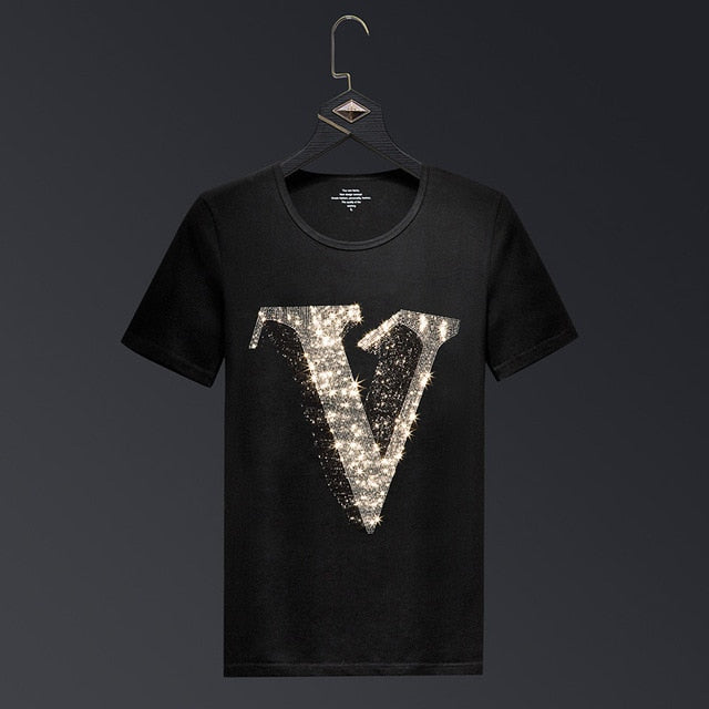 Monochrome V Letter Rhinestone Men Short Sleeve T-shirt