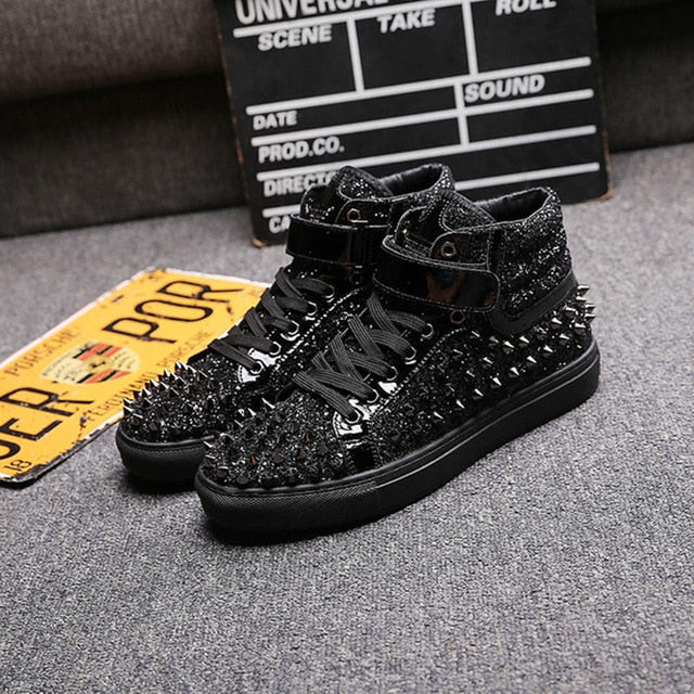Black Silver PU Leather Rivets Men High Top Fashion Shoes