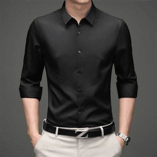 Solid Polyester Turn-Down Collar Men's Shirt