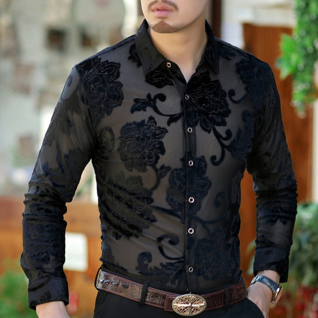 Sexy See Through Rose Flower Pattern Men Long Sleeves Shirt
