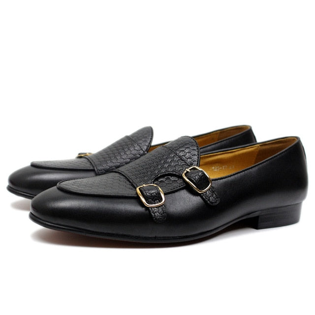 Stylish Black Brown Genuine Leather Hand Painted Monk Strap Style Men Loafers Shoes