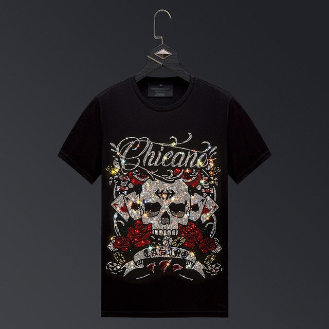 Roses and Skull Rhinestone Decorated T-Shirt