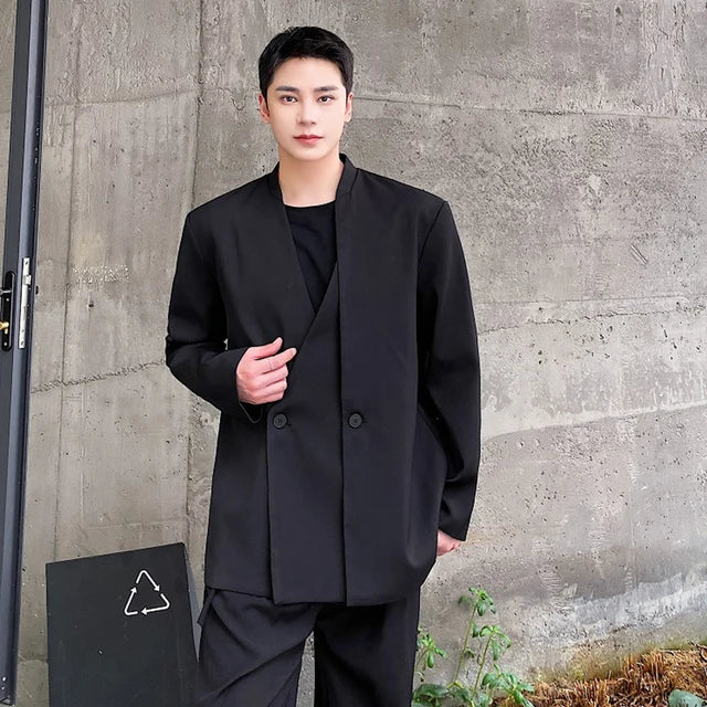 Black Double Collar Solid Blazer