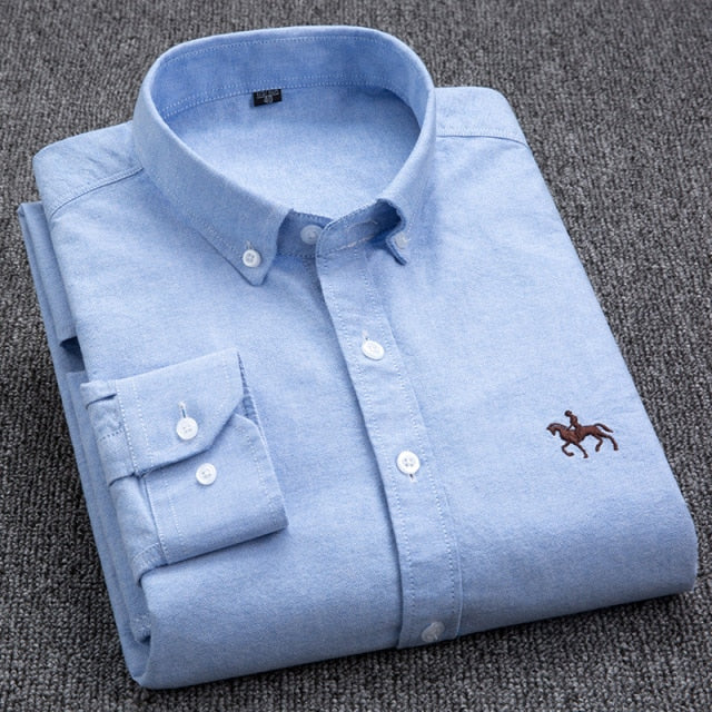 Embroidery Horse Pocket Solid Turn-Down Collar Shirt