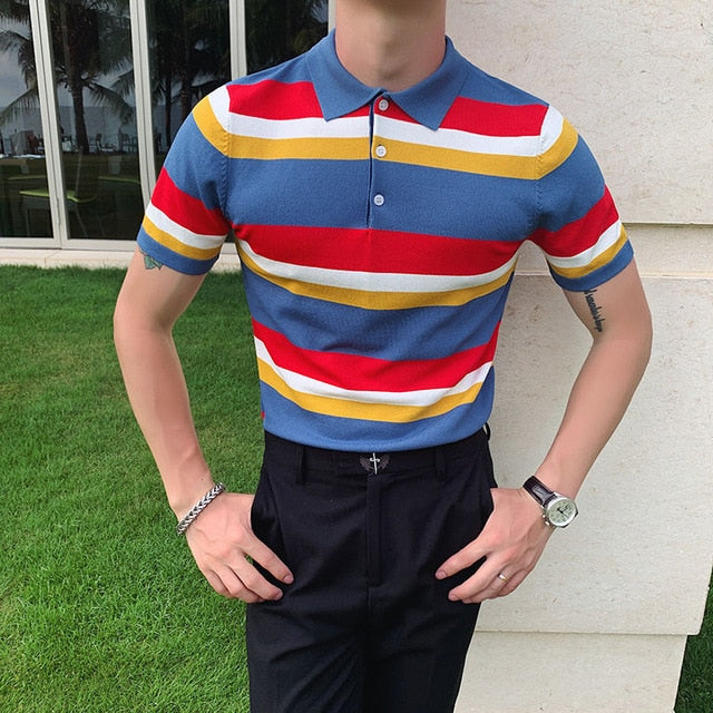Quad Color Horizontal Stripes Knitted Polo Shirt