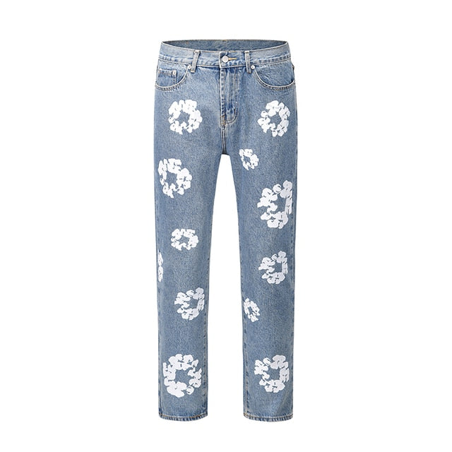 Flower White Printed Straight Jeans