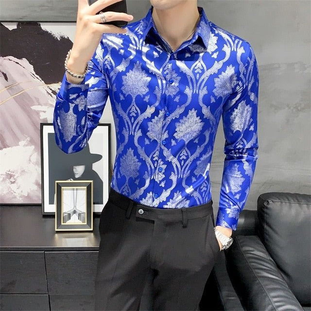 Gold Flower Shiny Printed Long Sleeve Shirt