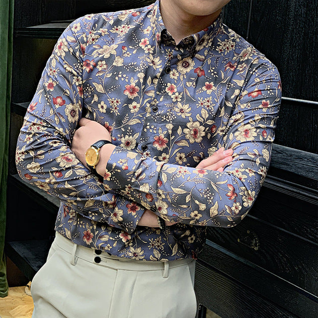 Floral Seamless Prints Men Long Sleeve Shirt