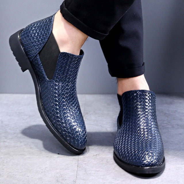 Solid Classic Hand Woven Textured Pattern Style Men Chelsea Boots