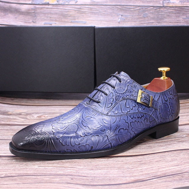 Blue Floral Design Buckle Lace-Up Oxford Shoes