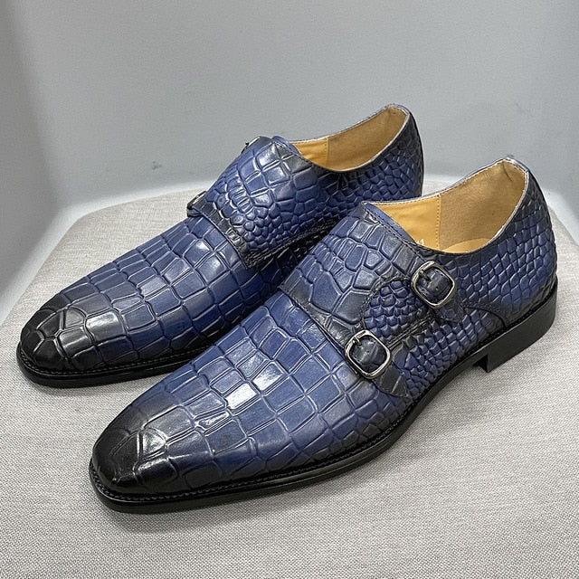 Blue Gradient Crocodile Pattern Monk Shoes