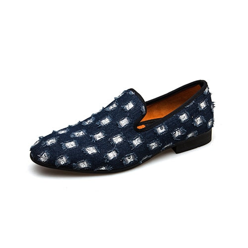Casual Blue Denim Hollow Patched Light Breathable Style Men Loafers Shoes