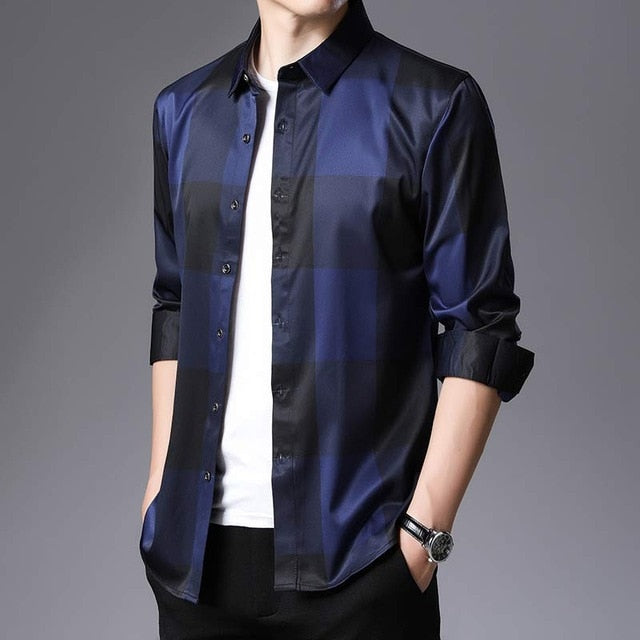 Square Plaid Color Combination Long Sleeve Men Shirt