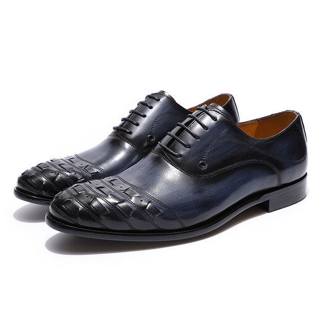 Plait and Hand Painted Pattern Round Toe Men Oxford Leather Shoes