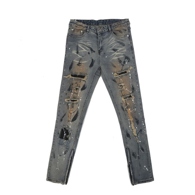 Blue Paint Stain Decorated Ripped Biker Jeans