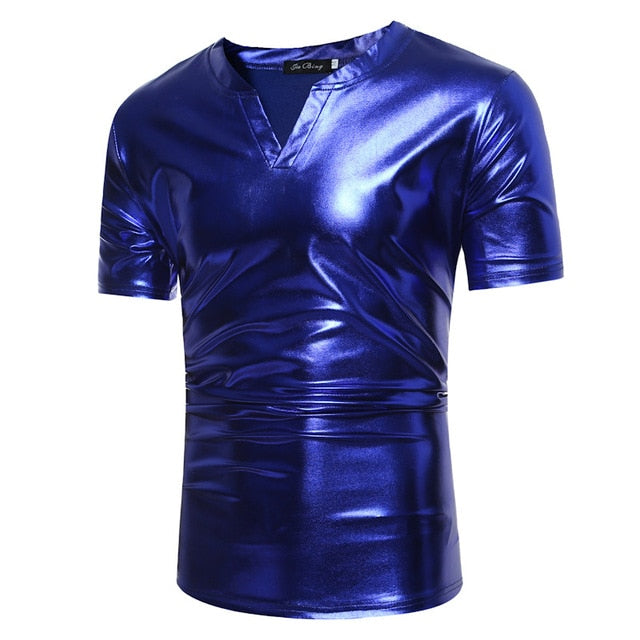 Shiny Coated Metallic V-Neck Casual Style Men T-Shirt