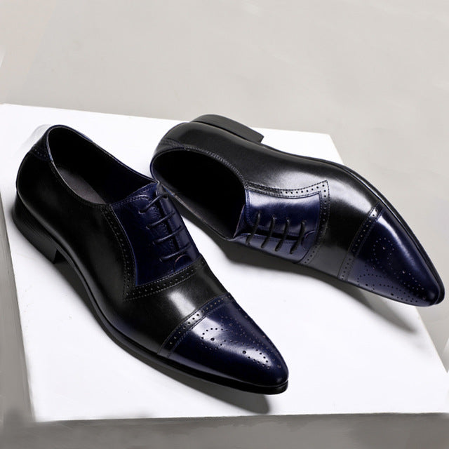 Genuine Leather Double Colours Perforated Pointed Toe Style Men Shoes