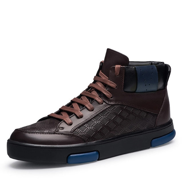 Casual Lace Up with Blue Mark Detail Men Leather High Top Sneakers - FanFreakz