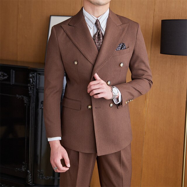 Solid Double Breasted Polyester Regular Suit