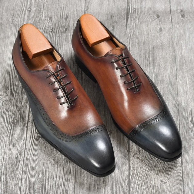 Men Brown Blue Double Color Formal Leather Shoes