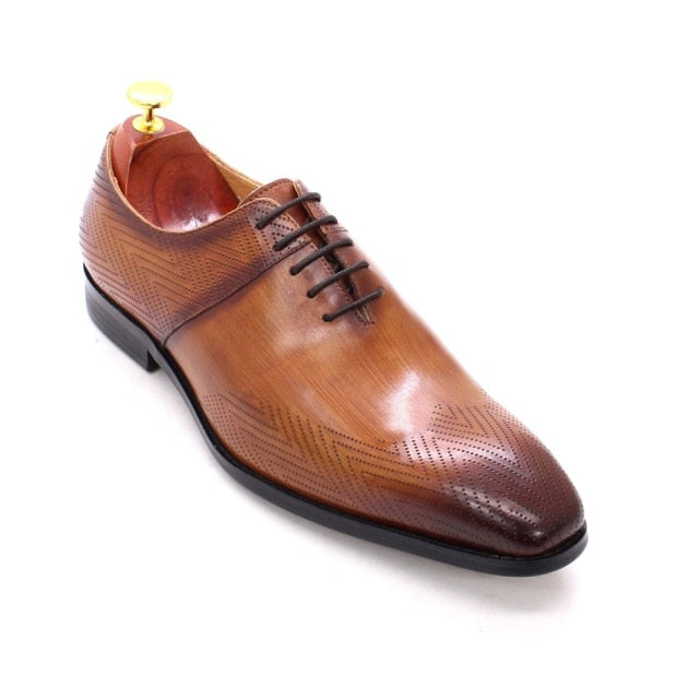 Genuine Leather Jagged Pattern Brown Oxford Shoes