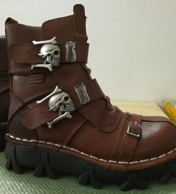 Military Combat Style with Skull Punk Buckle Strap Men Leather Work Boots