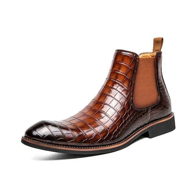 Crocodile Pattern Square Toe Leather Boots