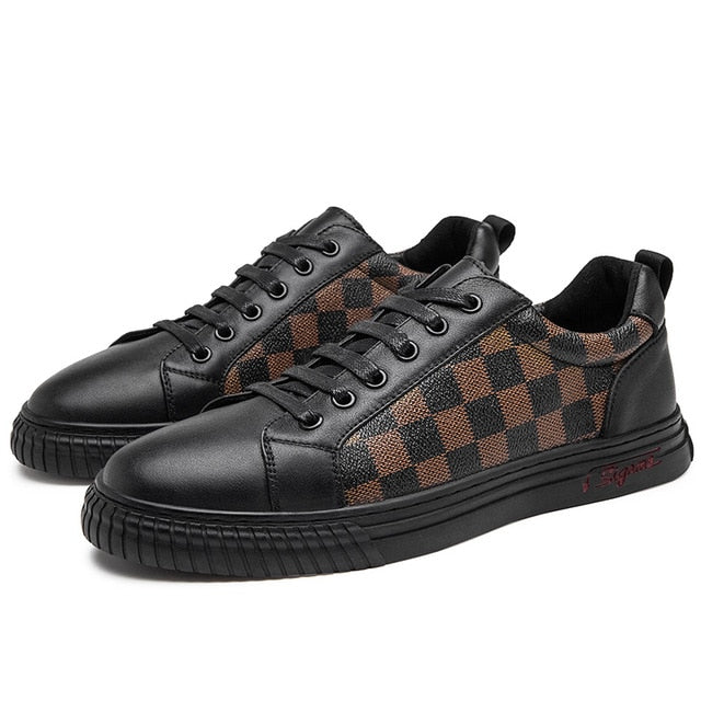 Black Brown Checkered Pattern Leather Shoes