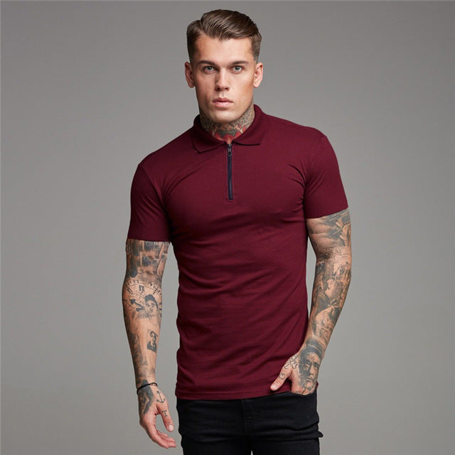 Solid Color Zippered Collar Men Polo Shirt